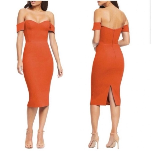 Dress the Population Orange Off-Shoulder Midi Dress - Picture 2 of 12